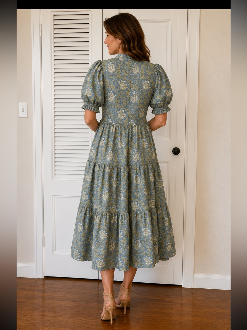 Hyacinth House Blue Green Floral Collared Tiered Midi Dress SMALL - Picture 2 of 13